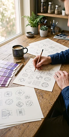 Graphiste dessinant des esquisses de logo au crayon sur son bureau